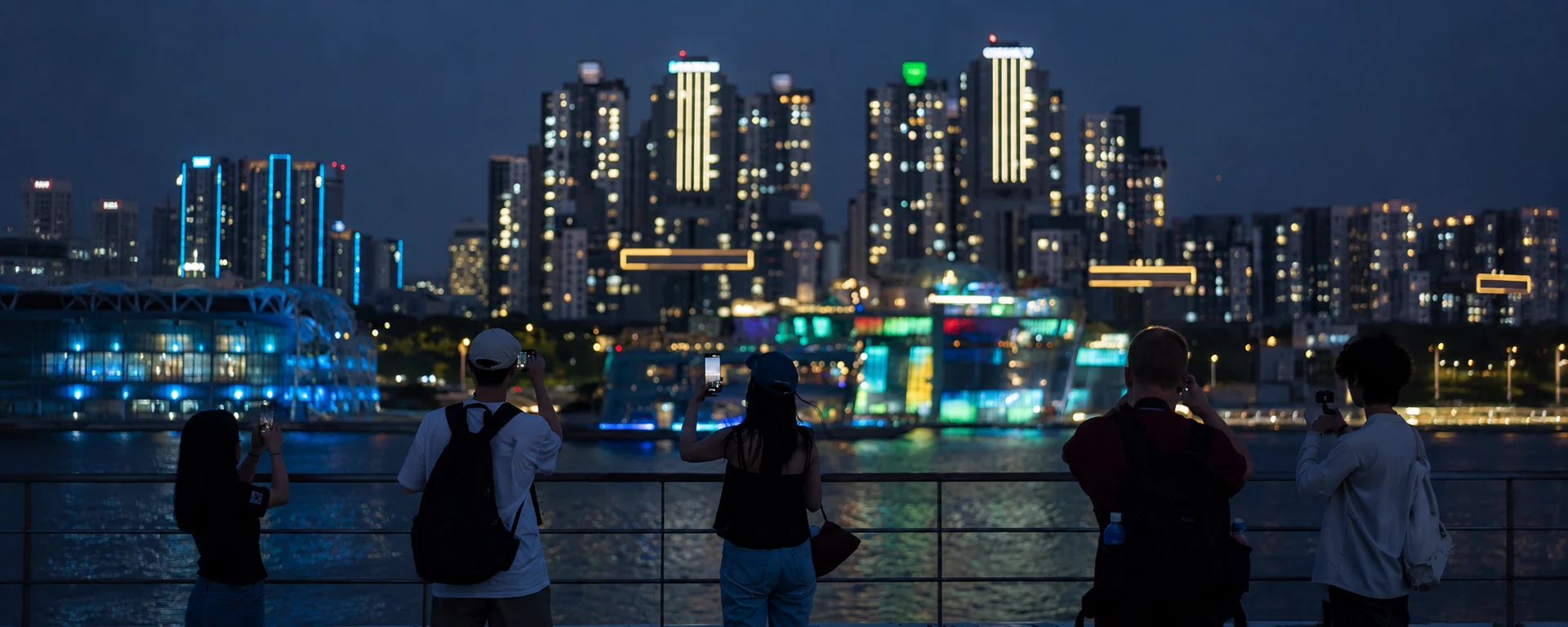 Seoul Cruise guests enjoying the illuminated Han River skyline